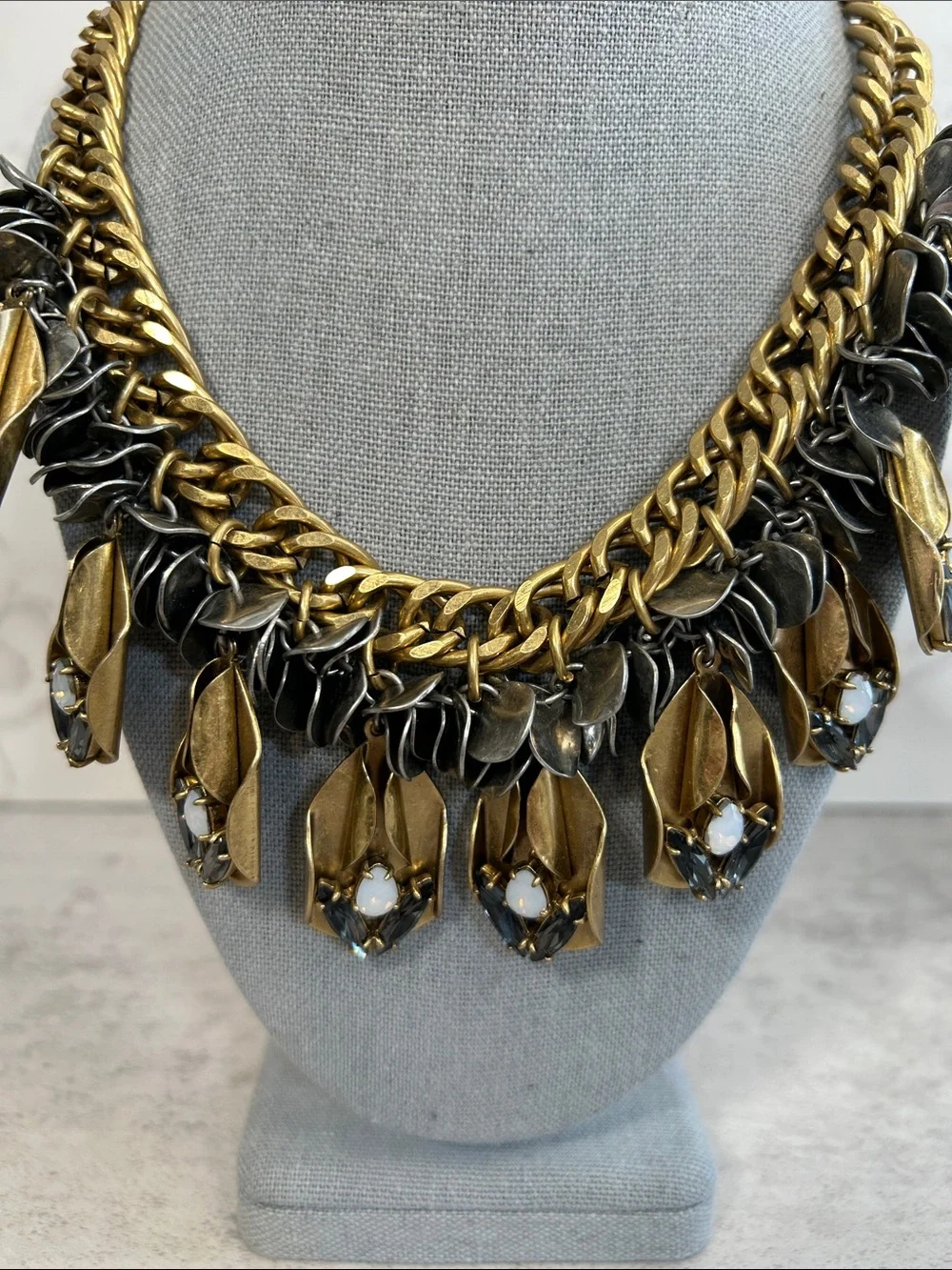 J.Crew Art Deco Gold Opal Drop Disc Necklace featuring chunky mixed-metal chain